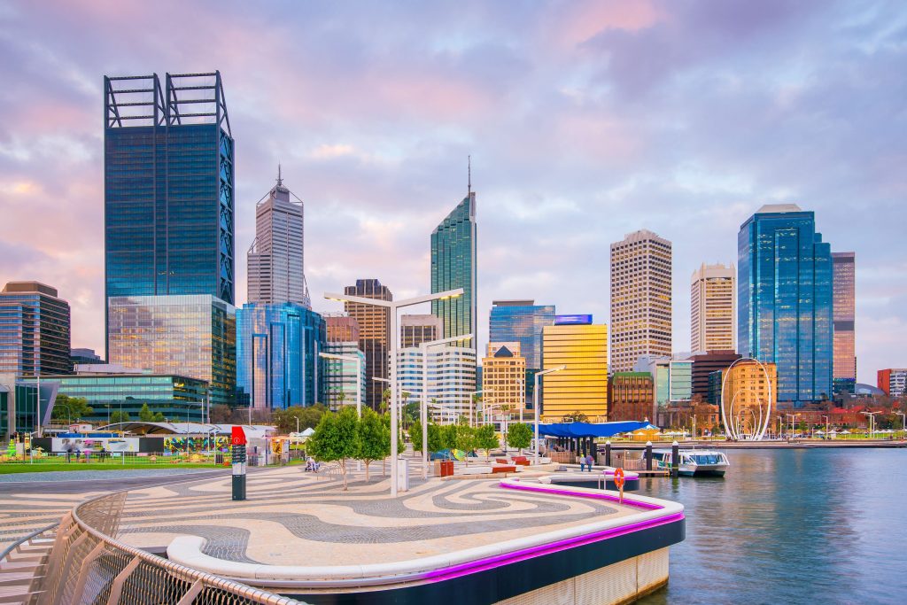 Downtown Perth skyline in Australia at twilight